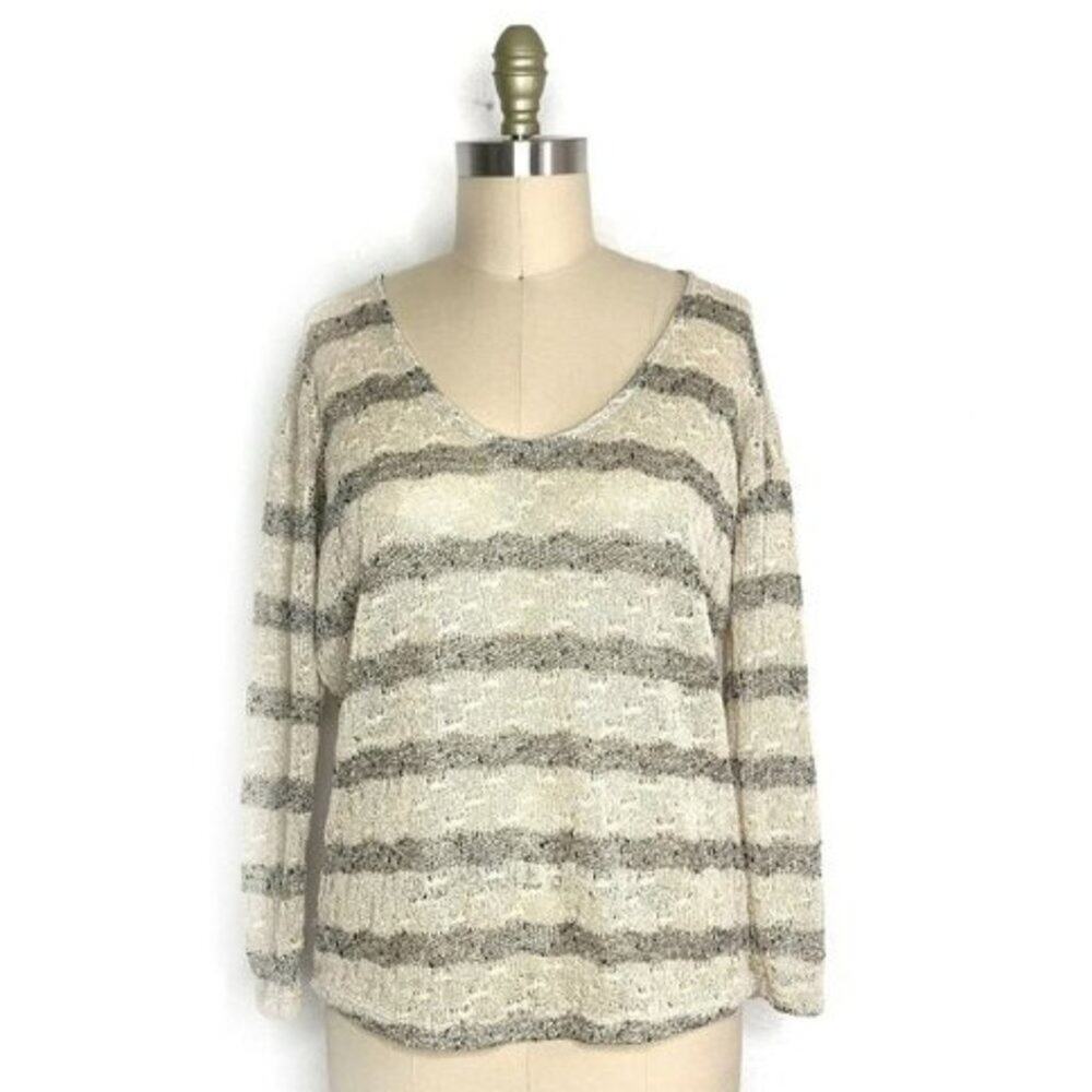PROMESA Tan/Cream Loose Open Knit Striped Summer Pullover Sweater Top Medium